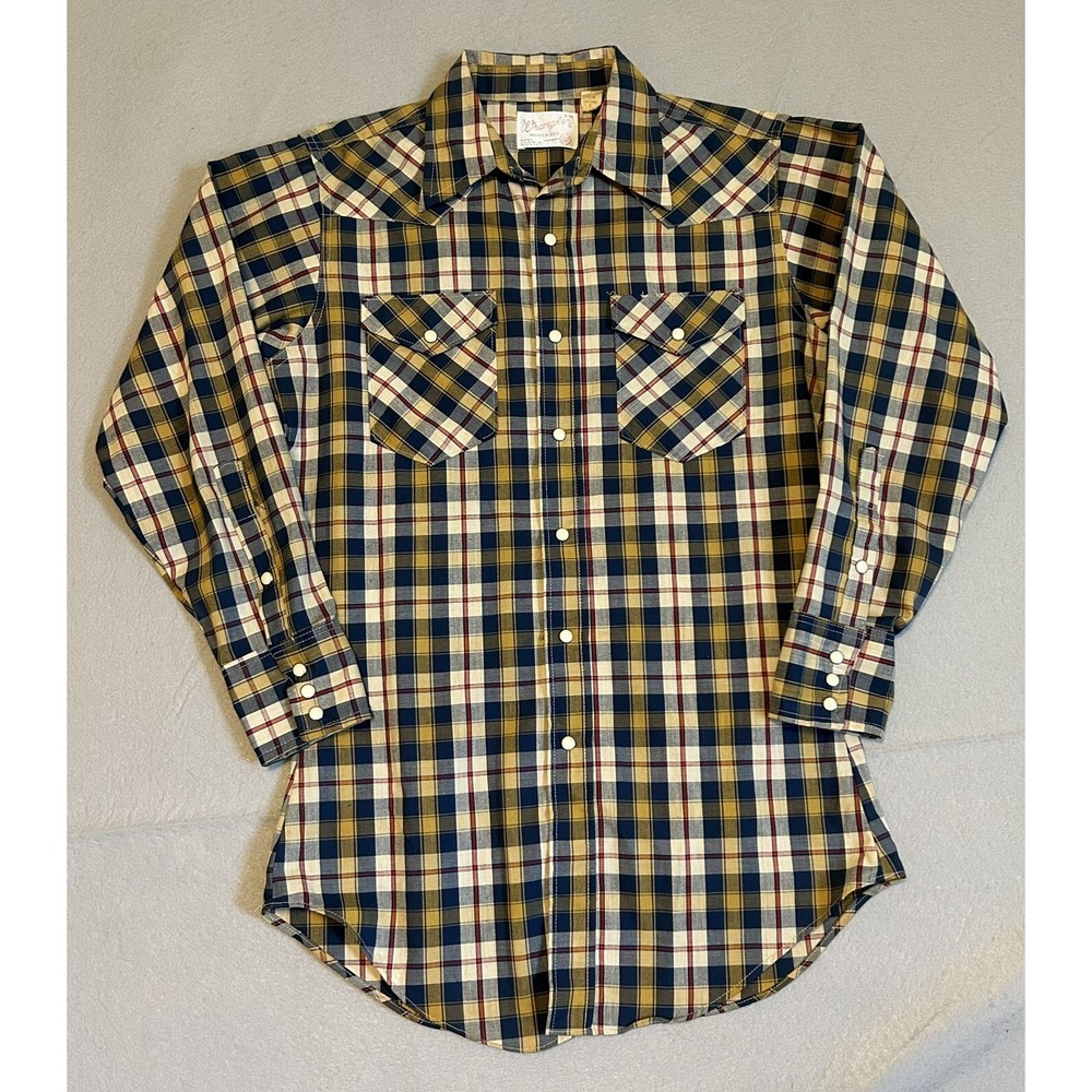 1960s Wrangler Sanforized Pearl Snap Plaid Shirt Mens 15/32 X-Long Tails Long SL